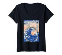 Mujer Japonés Big Wave Cherry Blossom Ukiyo-e Ocean Art Camiseta Cuello V