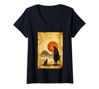 Mujer Japonés Bushido Zen Montaña Artística Japón Samurai Cat Camiseta Cuello V