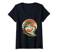 Mujer Japonés Ciervo mitología Folklore Zen Animal bonsái Camiseta Cuello V
