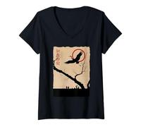 Mujer Japonés Crane Moonlight Art Cultura asiática Camiseta Cuello V