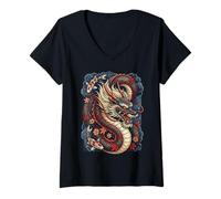 Mujer Japonés Dragón Koi Fish Sakura Tatuaje Arte Diseño Estético Camiseta Cuello V