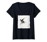 Mujer Japonés Golondrina Pájaro Sumi-e Tinta Pintura Vintage Camiseta Cuello V