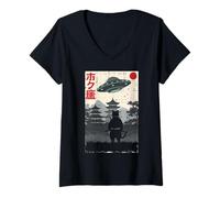 Mujer Japonés Ninja Cat UFO Temple Ukiyo-e Art Hombres Mujeres Niños Camiseta Cuello V