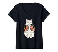 Mujer Japonés Samurai Gato Katana Japonés Irezumi Tatuaje Arte Camiseta Cuello V