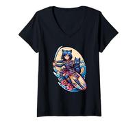 Mujer Japonés Samurai Gato y Anime Chica Surfer Camiseta Cuello V