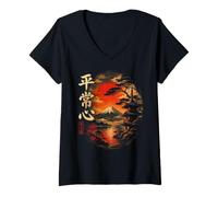 Mujer Japonés Zen Fuji Atardecer Mente Pacífica Paisaje Obra De Camiseta Cuello V