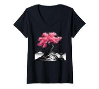 Mujer Jardín japonés Sakura Japón Monte Fuji Cherry Blossom Tree Camiseta Cuello V