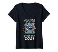 Mujer Jaws Family Trip 2027 Shark Escape Doodle Camiseta Cuello V