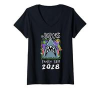 Mujer Jaws Family Trip 2028 Shark Escape Doodle Camiseta Cuello V