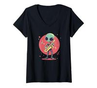 Mujer Jazz intergaláctico con un traje alienígena de saxofón Camiseta Cuello V