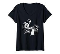 Mujer Jazz Piano Jugador Música Minimal Ilustración Camiseta Cuello V