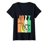 Mujer Jazz Retro Saxofón con Estilo Colorido Vintage Camiseta Cuello V