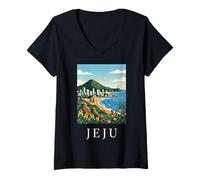 Mujer Jeju Corea del Sur Isla Costera Vintage Viajes Obra de Arte Camiseta Cuello V