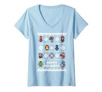 Mujer Jersey navideño de Marvel Avengers Happy Holidays Camiseta Cuello V, Azul Bebé, L
