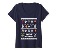 Mujer Jersey navideño de Marvel Avengers Happy Holidays Camiseta Cuello V, Azul Marino, XL