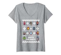 Mujer Jersey navideño de Marvel Avengers Happy Holidays Camiseta Cuello V, Gris Jaspeado, XL