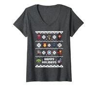 Mujer Jersey navideño de Marvel Avengers Happy Holidays Camiseta Cuello V, Jaspeado Oscuro, XL