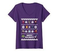 Mujer Jersey navideño de Marvel Avengers Happy Holidays Camiseta Cuello V, Morado, XXL