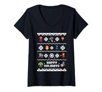 Mujer Jersey navideño de Marvel Avengers Happy Holidays Camiseta Cuello V, Negro, S