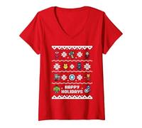 Mujer Jersey navideño de Marvel Avengers Happy Holidays Camiseta Cuello V, Rojo, XL