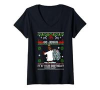 Mujer Jersey navideño Zander Claus TM Go Jesus It's Your Birthday Camiseta Cuello V
