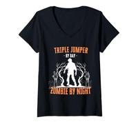Mujer Jersey Triple por día Zombie por la Noche Triple Salto Halloween Camiseta Cuello V