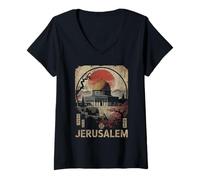 Mujer Jerusalén Dome of the Rock Red Sun Cherry Blossom Gráfico Camiseta Cuello V
