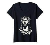 Mujer Jesucristo Corona De Espinas Mirada Monocromo Arte Cristiano Camiseta Cuello V