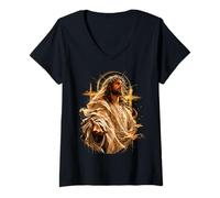 Mujer Jesucristo Cruz Sagrada Fe Icono Arte Devocional Camiseta Cuello V