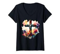 Mujer Jesucristo en la Cruz en Acuarelas Jesús Camiseta Cuello V