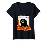 Mujer Jesucristo Fuego Pecado Original TxRxP Herejía Dios Metalero Camiseta Cuello V
