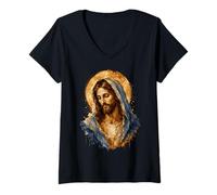 Mujer Jesucristo Manto Azul Icono Sagrado Fe Obra De Arte Camiseta Cuello V