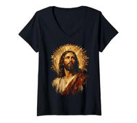 Mujer Jesucristo Retrato devocional Sagrado Fe Arte Camiseta Cuello V