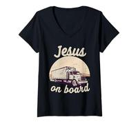 Mujer Jesús a bordo Conductor de camión Christian Faith Graphic Camiseta Cuello V