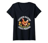 Mujer Jesús Alabando Pollo Criando Divertido Fe Granja Aves Amor Camiseta Cuello V