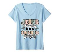 Mujer Jesús alabando pollo criando la fe de la granja divertida Camiseta Cuello V