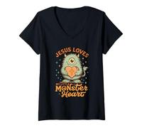 Mujer Jesús ama Adorable Cruz de corazón Monstruo Camiseta Cuello V