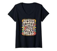 Mujer Jesús ama Este lío Caliente Broma Cristiana Groovy Camiseta Cuello V