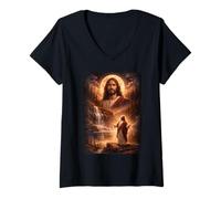 Mujer Jesús Aullando en la Luna Vintage Funny Mystic Camiseta Cuello V
