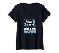 Mujer Jesús Café Y Patines Patines Patinaje Cristiano Camiseta Cuello V