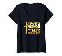 Mujer Jesús cambió mi vida me preguntó cómo Cristo devoto Faithcross Camiseta Cuello V