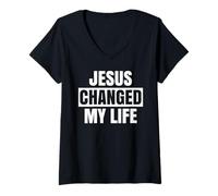 Mujer Jesús cambió mi Vida Pregúntame qué Tan audaz Defensor de la fe Biblia Camiseta Cuello V