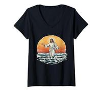 Mujer Jesús Caminando sobre el Agua Sol y Las Olas Camiseta Cuello V