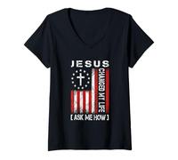 Mujer Jesus Changed My Life, Ask Me How, diseño patriótico de fe Camiseta Cuello V