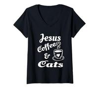 Mujer Jesus Coffee and Cats - Amantes del café Cristiano Camiseta Cuello V