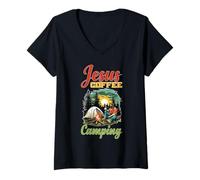 Mujer Jesus Coffee Camping Rutina de Camper Quiere Camiseta Cuello V