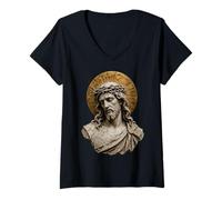 Mujer Jesús Corona De Espinas Clásico Sagrado Estatua Icono Arte Fe Camiseta Cuello V