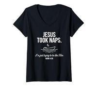 Mujer Jesús Cristiano tomó Siestas Marcos 4:38 Verso Fe Camiseta Cuello V