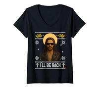 Mujer Jesús Divertido Traje navideño i Will be Back Navidad Camiseta Cuello V