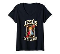 Mujer Jesús, En ti confío. Versión Rosas Rojas Camiseta Cuello V